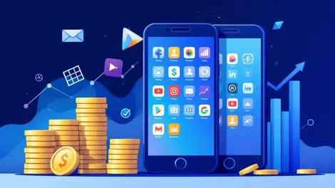 Smartphones app icons coins financial charts investment mobile growth