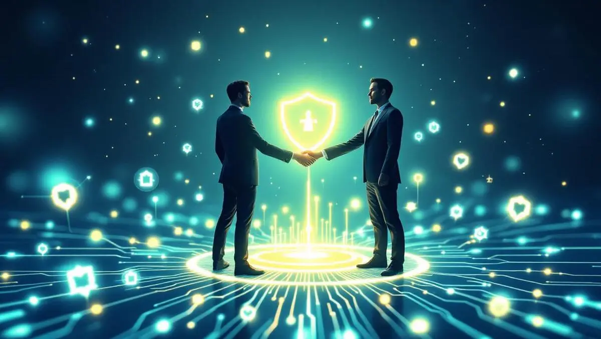 Business partners shake hands over ai cloud of shield icons