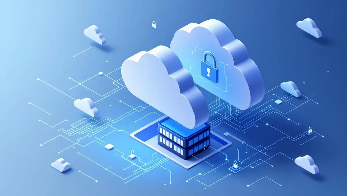 Isometric cloud shields over datacenter ai cyber defense locks