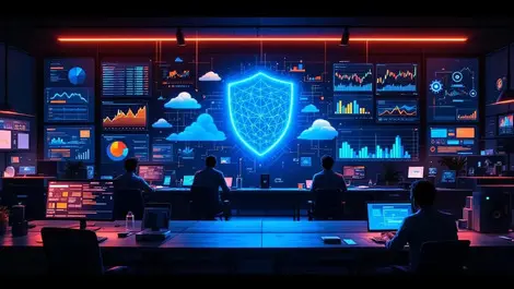 Cinematic australian trading office cybersecurity shield clouds