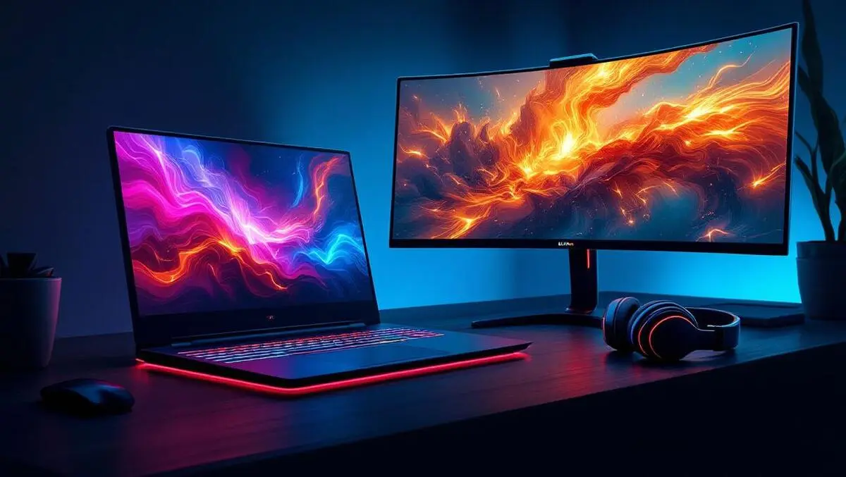 Cinematic high end gaming setup qd oled monitor laptop headset