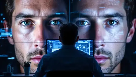 Bank security analyst monitoring ai deepfake facial analysis screen