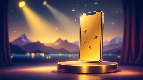 Golden smartphone trophy on podium new zealand spotlight scene