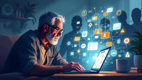 Worried british man with fraud alerts shadowy scammers uk