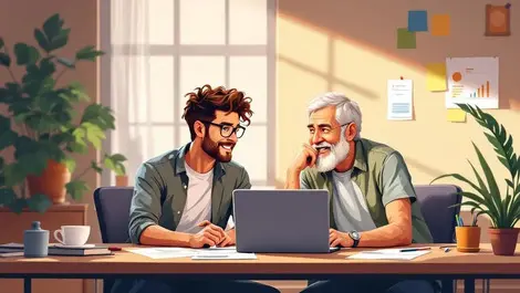 Genz employee and older manager collaboration modern office scene