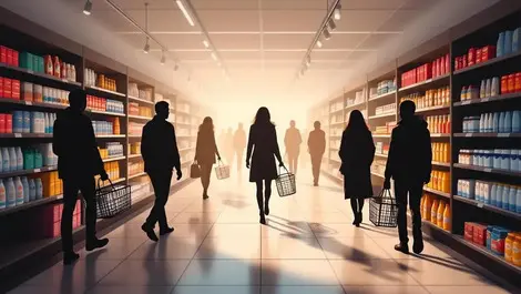 Uk retail aisle shoppers fading into silhouettes abandoned baskets