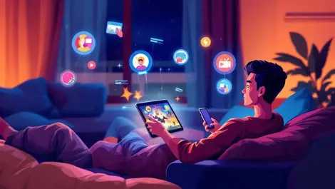 Malaysian young adult streaming action movie on tablet at home