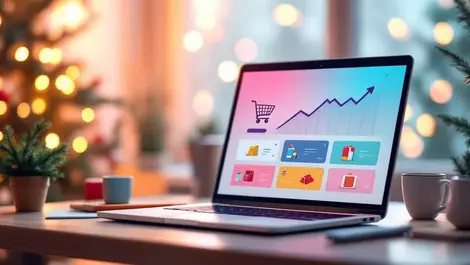 Modern laptop showing colorful online store grid holiday ambience