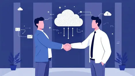 Business teams handshake across cloud icon partnership data services