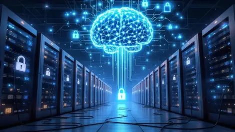 Dim cloud data center unlocked database locks ai brain risk scene