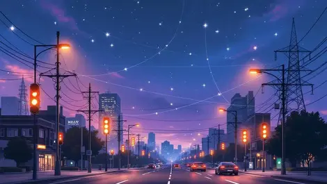 Smart city dusk iot sensors networked streetlights energy grid
