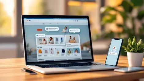 Uk us shoppers online on laptop phone split scene wooden table