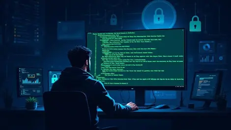 Cybersecurity engineer in dim ops room green cli devops monitor