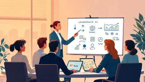 Warm office training leadership discussion with ai tools on laptops