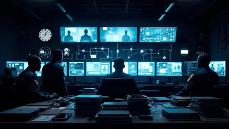 African cybercrime taskforce in dim ops room with seized devices