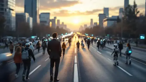 Businessman at forked road choosing between fast robots and calm path