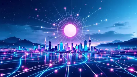 Nz city skyline network cables unified tech sphere brand merge