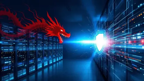 Telecom server room dragon shadow sliced by cyber shield