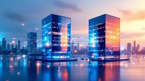 Sleek office towers merging glowing data crm fund integration