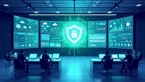 Modern corporate soc room screens network diagrams digital shield