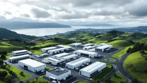 Aerial modern data center wellington nz green hills coast