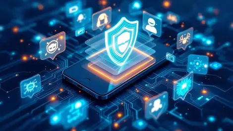 Smartphone layered translucent shields spiral threat icons