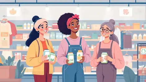 Multi gen shoppers reading detailed eco labels in us supermarket